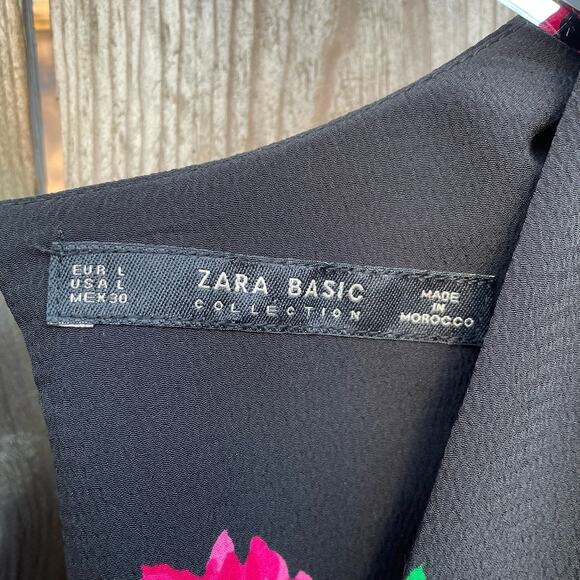 Zara Floral Jumpsuit Tie Waist Short Sleeve Slit Cropped Wide Leg Black Large - Picture 8 of 10